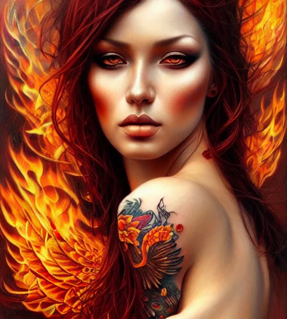 Image similar to woman with fiery tattoos, fiery wings, beautiful, intricate, portrait, digital art by artgerm and karol bak