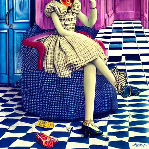 Image similar to alice in the wonderland, sitting, checkered floor, chair, blue dress, door blonde by cheval michael