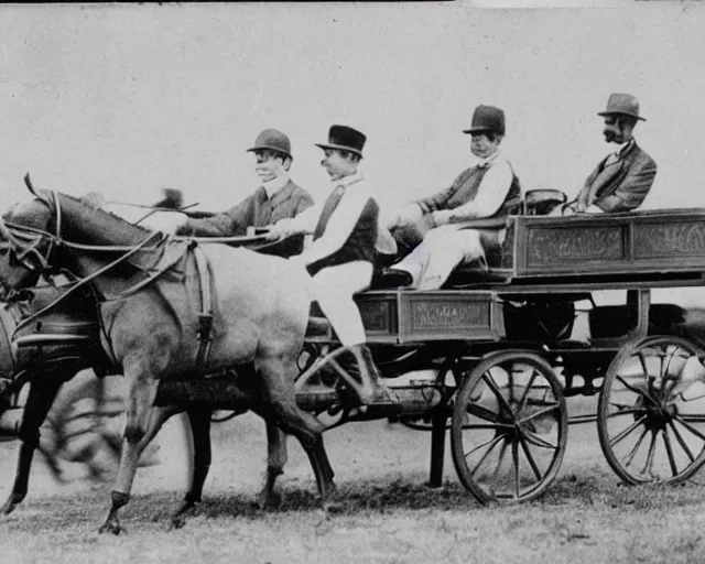 Image similar to a photo from the early 1900s of a horse racing an antique electric car