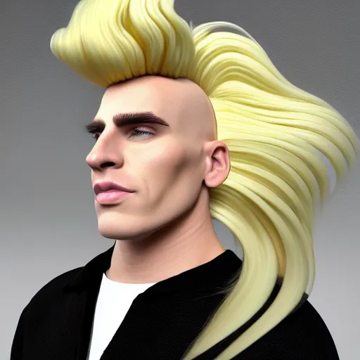 Image similar to vanilla ice but his hair is made out of swirly ice cream vanilla ice cream his hair is completely made out of vanilla swirled vanilla ice cream, ice cream hair, realistic, hyperrealistic, ultra realistic, real, real world, highly detailed, very detailed, extremely detailed, intricate details, 8 k resolution, hd quality