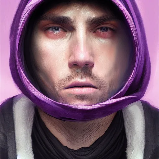 Image similar to ultra realistic illustration, man in a black hood, in a striped purple balaclava, mysterious, highly detailed, digital painting, artstation, concept art, smooth, sharp focus, illustration, art by artgerm and greg rutkowski and alphonse mucha