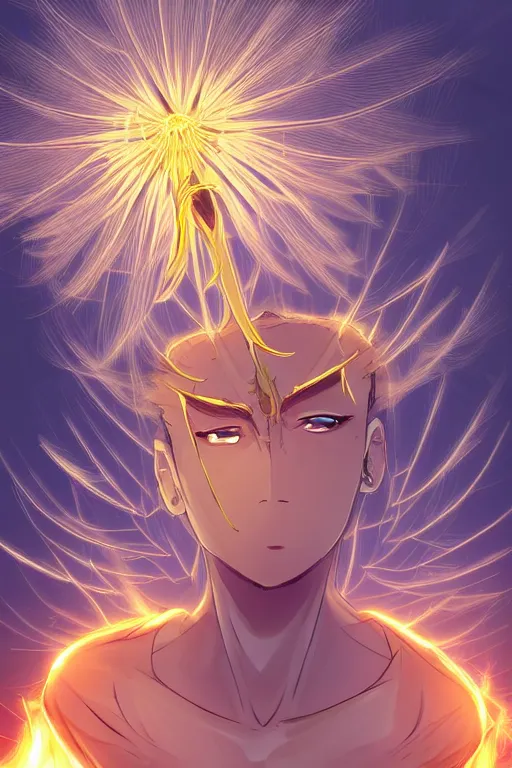 Prompt: golden glowing luminescent dandelion male anime character, symmetrical, highly detailed, digital art, sharp focus, trending on art station, amber eyes, fire colours