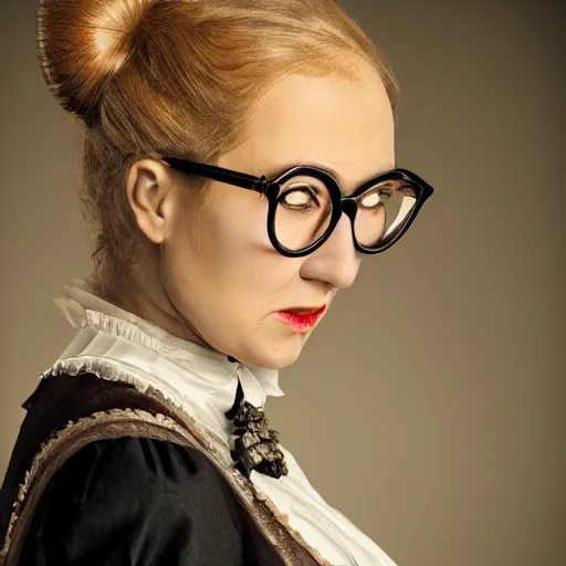 Image similar to a severe middle aged french woman with blonde hair tied in a strict bun, spectacles, lots of makeup, rich, victorian outfit, character portrait, digital art, high quality, 8 k, detailed, d & d character,