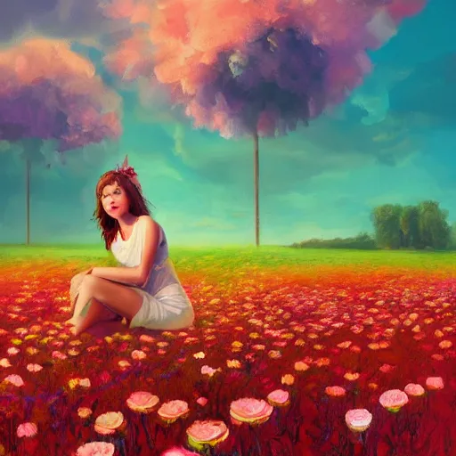 Image similar to giant rose flower head, full body girl sitting in a flower field, surreal photography, sunrise, dramatic light, impressionist painting, colorful clouds, digital painting, artstation, simon stalenhag