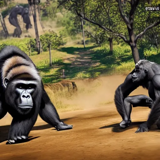 Prompt: gorilla fighting a zebra in an animal fighting game on ps 4, unreal engine, high detail, health bars,