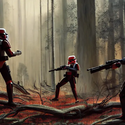 Image similar to stormtroopers shooting red blasters at a young blonde jedi with short hair in a burned lifeless forest with burned trees and plants concept art by Doug Chiang cinematic concept art, realistic painting, high definition, digital art, matte painting, symmetrical, very detailed, realistic, dramatic lighting, cinematic, establishing shot, extremely high detail, photo realistic, cinematic lighting, post processed, concept art, artstation, unreal engine 5, matte painting, red color scheme, the Mandalorian concept art style