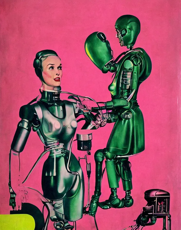 Prompt: a female housewife being consoled and caressed by a bionic robot in a suit, 1 9 5 0 s horror film movie poster style, ( norman rockwell oil painting ), retro science fiction, vintage, saturated pink and green lighting, shadowy lighting