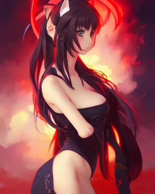 Prompt: beautiful anime girl with cat ears, lake, red, flames everywhere, highly detailed, digital painting, artstation, concept art, smooth, sharp focus, illustration, art by artgerm and greg rutkowski and alphonse mucha