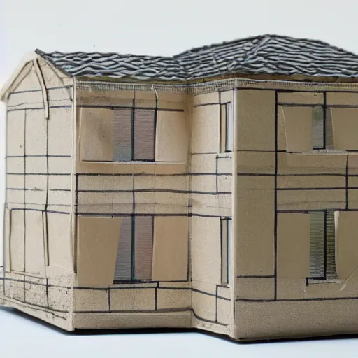 Prompt: a model of a complex house made from old packaging