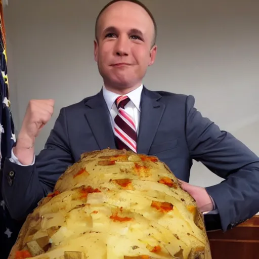 Image similar to a baked potato running for president, wearing a presidential suit and tie, press conference