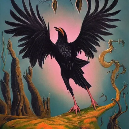 Image similar to fantasy painting of a raven by dr seuss | horror themed | creepy