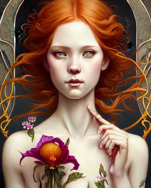 Image similar to Beautiful and playful ethereal ginger portrait having lunch, art nouveau, fantasy, intricate flower designs, elegant, highly detailed, sharp focus, art by Artgerm and Greg Rutkowski and WLOP