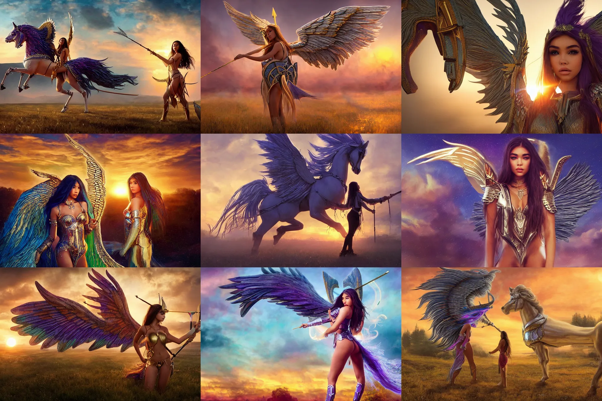 Prompt: wide - shot | dslr | madison beer | as a valkyrie warrior | giant winged horse | detailed face | rain | raytracing!!! | arrows | sunset | smoke | ethereal | golden hour | by victor nizovtsev, john blanche, werner herzog | fantasy | highly detailed | north mythology | realism | film | cinematic 4 k |