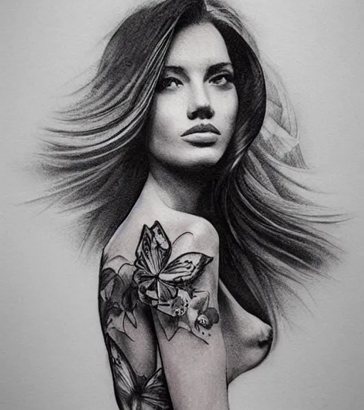 Prompt: tattoo design sketch of the most beautiful woman portrait with a background of beautiful mountains on her side, hyper - realistic, double exposure effect, in the style of den yakovlev, amazing detail, black and white, faded