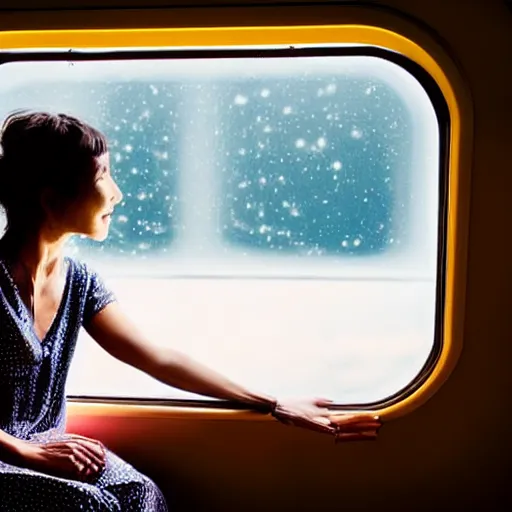 Image similar to a beautiful woman sitting in a train and looking outside of window seeing a milky way