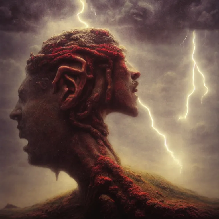 Image similar to asgardian god of thunder, covered with lightning by beksinski, psychedelic trippy visionary art, soft bloom lucid dream - like atmosphere, baroque painting, perfect composition, detailed octane render trending on artstation, 8 k artistic photography, volumetric cinematic perfect light, chiaroscuro, masterpiece, raphael, caravaggio, beksinski, rutkowski, beeple