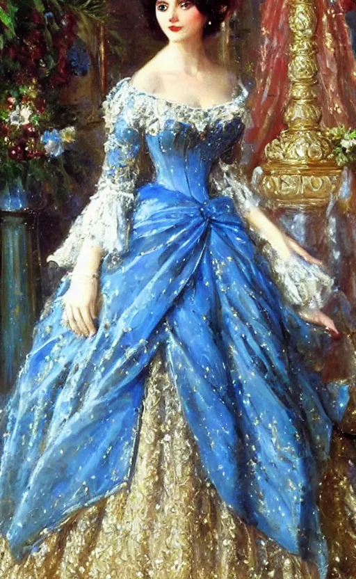 Image similar to Elegant laydy in blue victorian dress with gold ornaments. By Konstantin Razumov, highly detailded