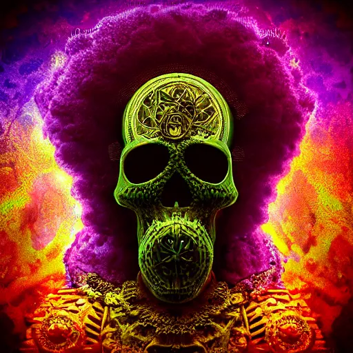 Image similar to a golden skull face african electric shaman with an afro made of flowers, third eye art art by machina infinitum, complexity from simplicity, rendered in octane, mandelbulb 3 d, ambient occlusion, macro photography, tribal, retrowave