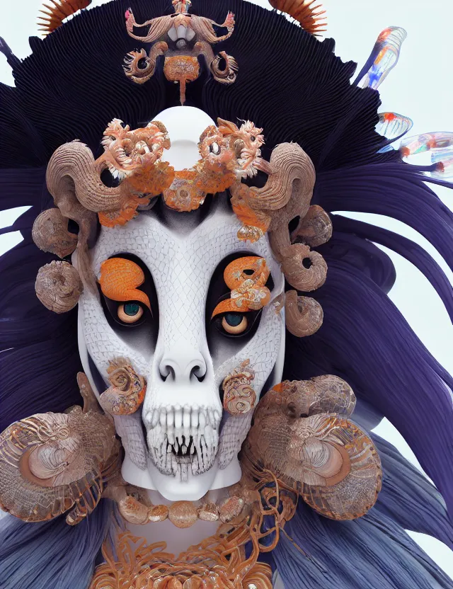 Image similar to 3 d goddess close - up 3 / 4 portrait with ram skull. beautiful intricately detailed japanese crow kitsune mask and clasical japanese kimono. betta fish, jellyfish phoenix, bio luminescent, plasma, ice, water, wind, creature, artwork by tooth wu and wlop and beeple and greg rutkowski