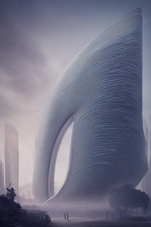 Prompt: professional landscape photograph of a large beautiful neo - futuristic matte symmetrical elongated oval monolith by joseph cross, denis villeneuve, emmanuel shiu, zaha hadid, mist vapor, cinematic architectural scale, dramatic, volumetric, concept art, hard surface, hyperrealism, very high detail, trending on artstation, sharp focus, rendered in octane