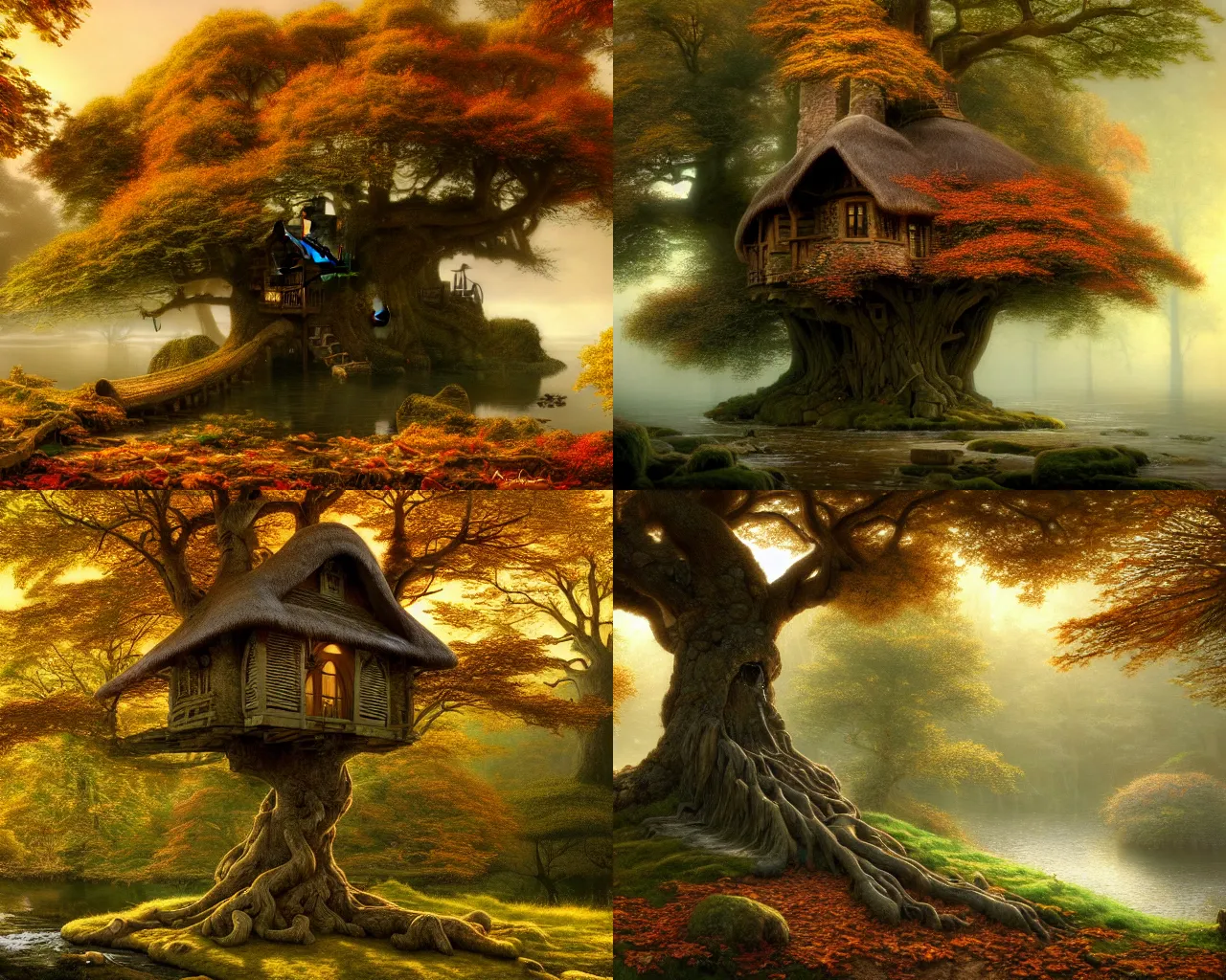 Prompt: thatched cottage tree house complex in a massive oak tree at the end of a stony brook, magical atmosphere, small waterfalls, carved stones, autumn leaves, by Renato Muccillo, Andreas Rocha, James  Gurney, Angus McBride, Larry Elmore, Thomas Kinkade, matte painting, featured in artstation, octane render, cinematic, elegant, intricate, 8k