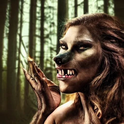 Prompt: photo of a beautiful woman partially transforming into a werewolf, in the moonlit forest. physiological transformation ; hybrid creature. highly - detailed ; photorealistic.