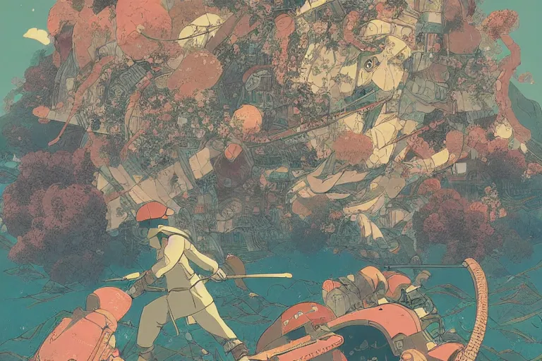 Prompt: the battle of minatogawa, retro fantasy style, victo ngai, moebius, studio ghibli