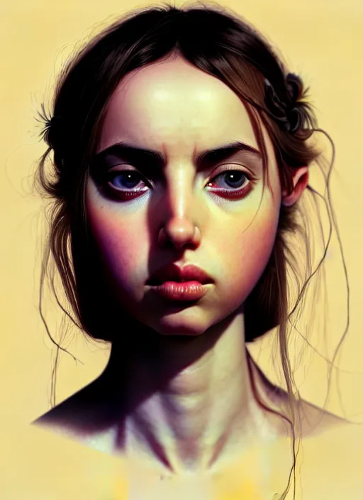 Image similar to hyper realistic zoomed out portrait of ana de armas wearing clothes from the fifth element, rachael rosen from blade runner, by hsiao ron cheng, ngai victo, nivanh chanthara jean delville wlop and dougherty patrick, trending on artstation, soft light