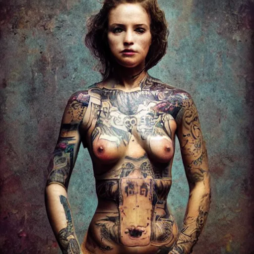 Image similar to A perfect female goddess stands for a waist up portrait with her body totally and tightly wrapped in thin gold wire creatively arranged so as to look like biker tattoos, in an abandoned amusement park, hyper photo realistic 8K HD HDRI, photo by Annie Leibovitz.