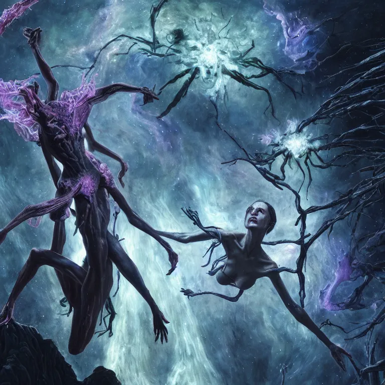 Image similar to still frame from Annihilation (2018) movie, dryad nymph sorceress flying through chaos nebula by wayne barlowe by caravaggio by giger by malczewski, 4k wallpaper