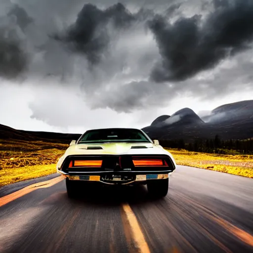 Prompt: pontiac firebird trans - am driving towards the camera, norway mountains, cinematic, volumetric lighting, foggy, wide shot, low angle, large lightning storm, thunder storm, tornado