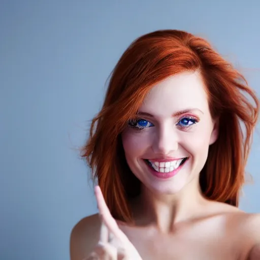 Prompt: selfie of a beautiful woman with auburn hair and blue eyes, smiling at the camera, 4 k