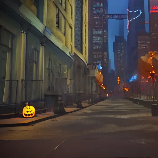 Prompt: ghost of New York, NYC sidewalk, city lights, spooky Halloween fun, trending on artstation, 8k, 4k, volumetric lighting, unity