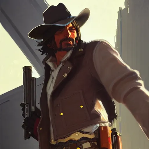 Image similar to mccree from overwatch, highly detailed, digital painting, artstation, concept art, sharp focus, illustration, art by greg rutkowski and alphonse mucha