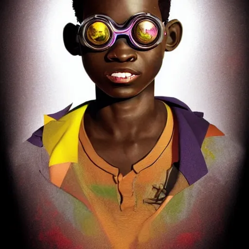 Image similar to colourful vfx upper half - portrait - art of a nigerian boy wearing steam punk goggles, art by utagawa kunisada & james jean, digital render, digital illustration, concept art, caricature, volumetric light, ray tracing, symmetrical, unreal engine, octane 3 d render, sharp, detailed, intricate detail, pinterest, behance, art station,