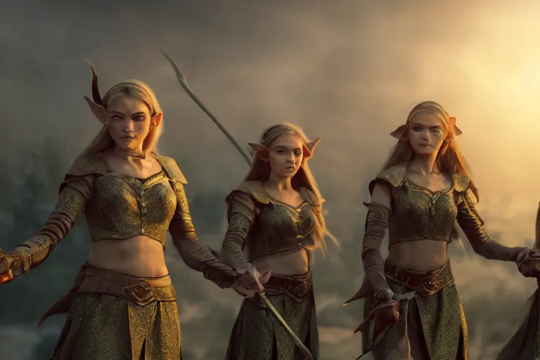 Image similar to a cinematic photograph of three female elf warriors, 8 k, ultra realistic, dramatic lighting, real faces, mist