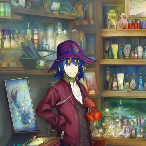 Image similar to Anime artwork of Anthropomorphized parrot trader in his shop, shelves full, selling a gem, portrait, items, magic potions, carpet, window, fancy funny hat, sly expression , cunning expression, cute expression, presenting magic gem, D&D, fantasy, cinematic lighting, highly detailed, digital painting, artstation, concept art, smooth, sharp focus, illustration, warm light, cozy warm tint, magic the gathering artwork, volumetric lighting, 8k, no gold, no gold colours, art by Akihiko Yoshida and Greg Rutkowski