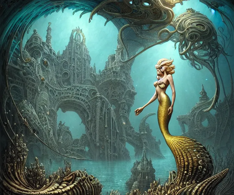 Image similar to a graceful beautiful mermaid looking at the sunken city of Atlantis deep under water, stunning undersea intricate detailed grand architecture in the style of Joe Fenton, art style by Greg Rutkowski and Mohrbacher and Gerald Brom and H. R. Giger, deep underwater scene, dark and moody, rays of sunlight, faint volumetric god rays, grim crushing atmosphere, trending on artstation, masterpiece, claustrophobic, dizzy, sharp focus, 8k octane beautifully detailed render, post-processing, extremely hyperdetailed, intricate, epic composition, grim yet sparkling atmosphere, cinematic lighting + masterpiece, trending on artstation, very detailed, Art Nouveau