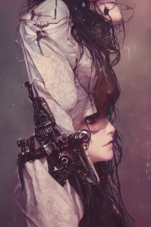 Prompt: portrait of beautiful young gothic maiden, cyberpunk, Warhammer, highly detailed, artstation, illustration, art by Gustav Klimt and Range Murata and Ilya Kuvshinov and RossDraws