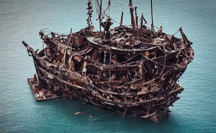 Image similar to “Pirate ship wreck falling off a Floating island from the sky, 4k, cinematic, award winning”