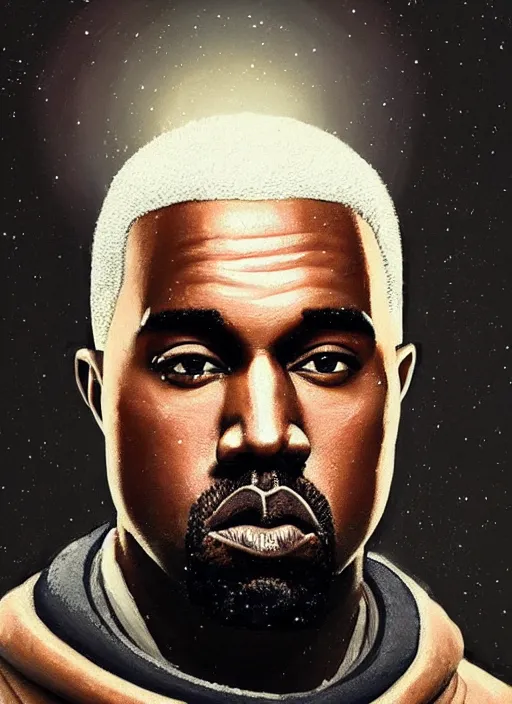 Image similar to pinted portrait of kanye west as an astronaut by greg rutkowski, he is about 3 0 years old, short blond hair, athletic and strong, straight jaw, wearing futuristic space gear, highly detailed portrait, digital painting, artstation, concept art, smooth, sharp foccus ilustration, artstation hq.