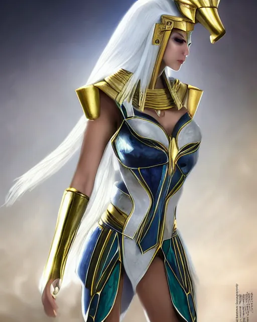 Image similar to perfect white haired attractive egyptian goddess, warframe armor, pharaoh headdress, beautiful, symmetric, dreamy, half asian, pretty face, green eyes, charlize theron, detailed, scifi platform, laboratory, experiment, 4 k, ultra realistic, epic lighting, android body, illuminated, cinematic, masterpiece, art by akihito tsukushi, voidstar