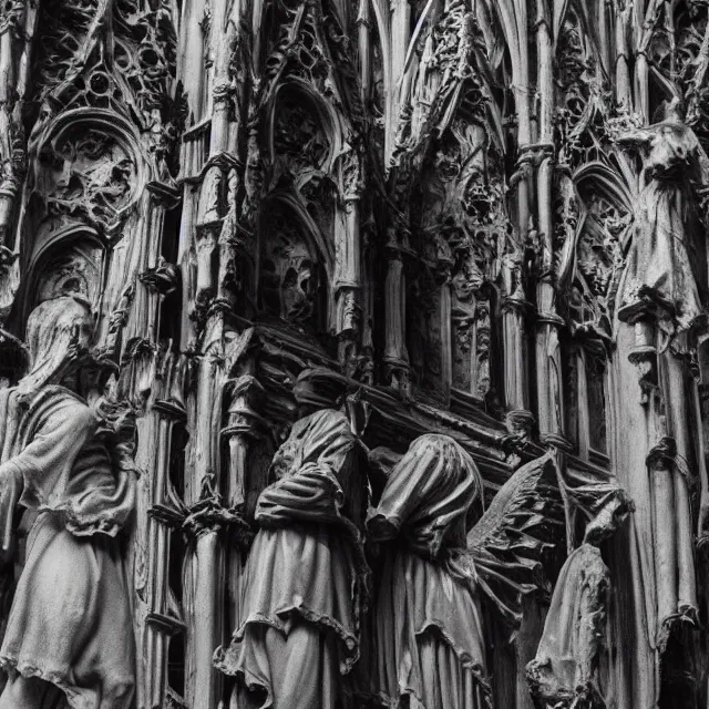 Prompt: gothic temple made of flesh, blood temple, renaissance gothic detailed angel statues, 8 0's horror movie film still, highly detailed, award - winning photography, 1 2 0 mm