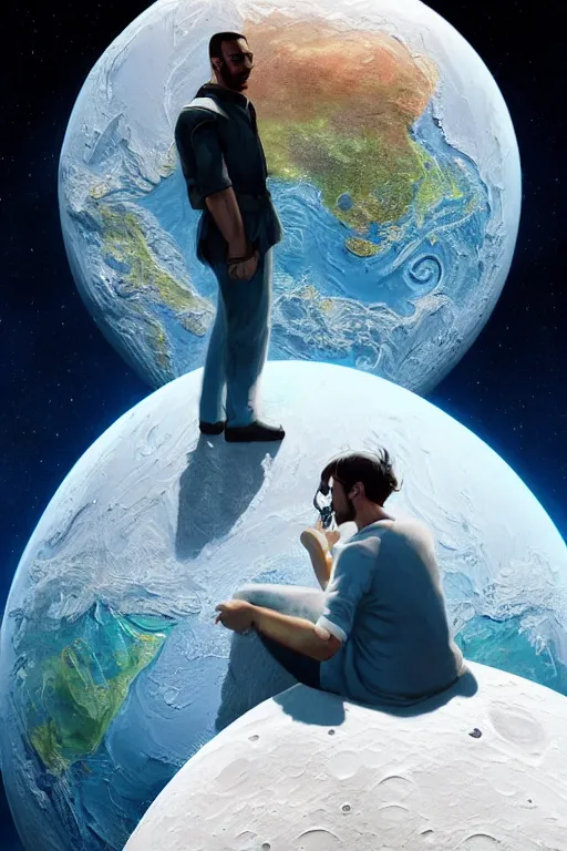 Image similar to Man sitting on the moon with a view of the earth in the background, elegant, digital painting, highly detailed, artstation, concept art, smooth, sharp focus, illustration, art by artgerm and greg rutkowski.