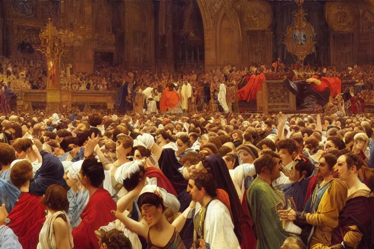 Prompt: audience listening in amazement and shock in an open huge forum, dramatic, religious, vast, large crowd, oil painting art by gerome, leyendecker, mucha, history painting, classical composition, artstation, detailed, 4 k