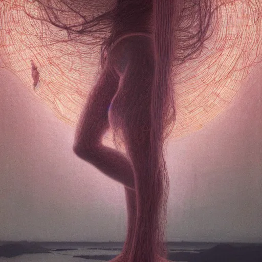 Image similar to liminal!!, portrait, shore of the lake, woman, wrapped around by glowing tubes and cables, short black curly hair, glowing red, by edgar maxence and ross tran, zdzisław beksinski, and michael whelan, distant, gustav dore, h. r. giger, 8 k, octane render