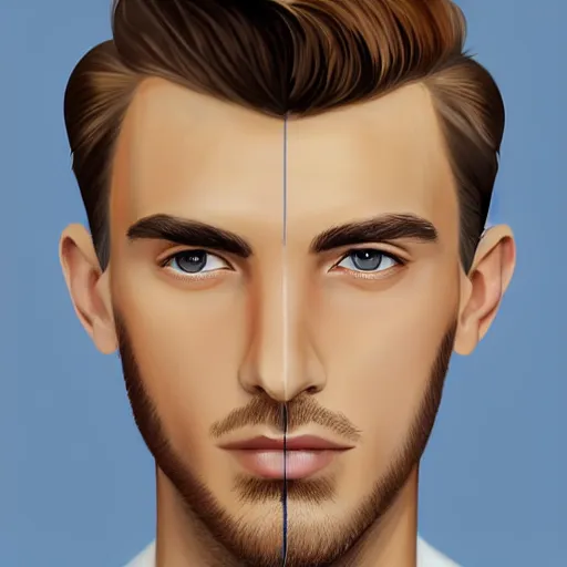 Prompt: tall man in his twenties with brown blond short quiff hair and thin slightly round facial structure with cleft chin, straight eyebrows and prominent nose and shadow of beard, good definition of cheekbones, big hazel nut brown eyes, narrow face, slim body, atmospheric lighting, painted, intricate, 4 k, highly detailed by charlie bowater