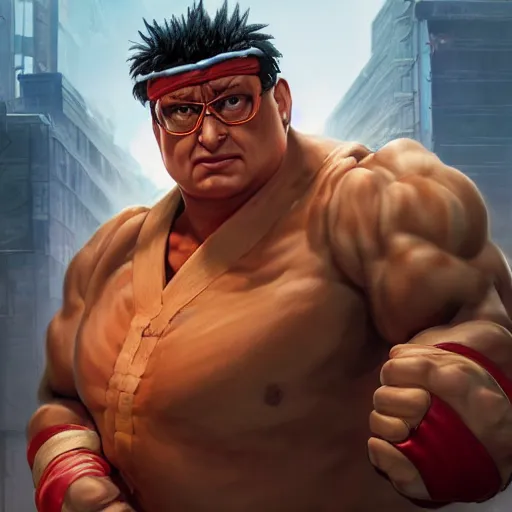 Prompt: wayne knight as e. honda street fighter, portrait, ultra realistic, concept art, intricate details, highly detailed, photorealistic, octane render, 8 k, unreal engine, art by frank frazetta, simon bisley, brom