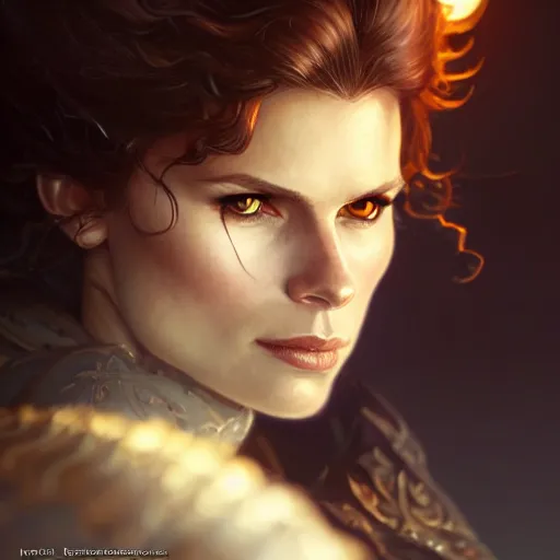 Image similar to Katja Herbers as a fantasy rogue, closeup character portrait, D&D, fantasy, intricate, elegant, highly detailed, digital painting, artstation, concept art, matte, sharp focus, illustration, art by Artgerm and Greg Rutkowski and Alphonse Mucha