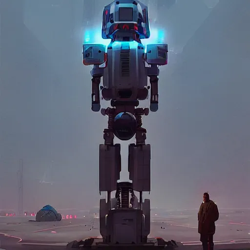 Image similar to a man standing next to a giant robot, concept art by beeple, martin deschambault, cgsociety, sots art, dystopian art, sci - fi, concept art